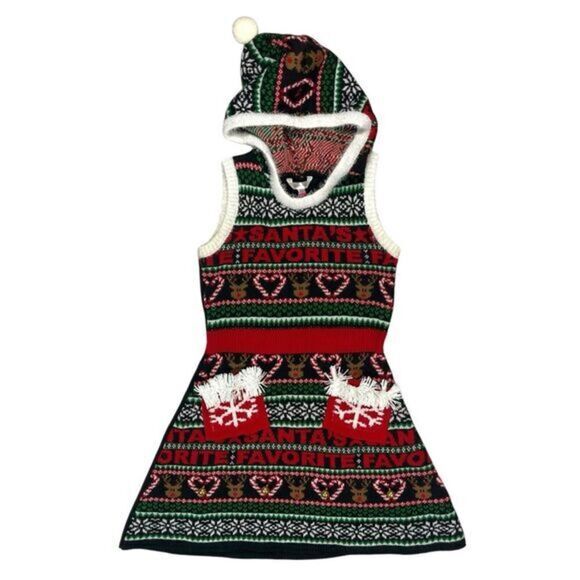Santa's Favorite Embellished Christmas Holiday Sweater Dress Sz M Black Red Mini - Picture 2 of 16